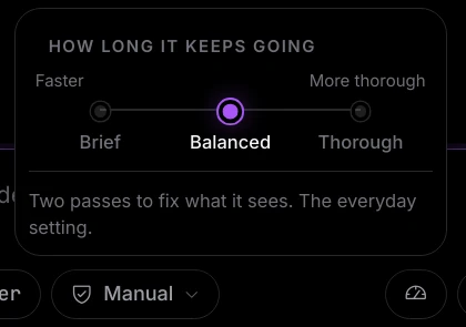 The effort popover headed How long it keeps going, with Brief, Balanced and Thorough on a slider and Balanced selected