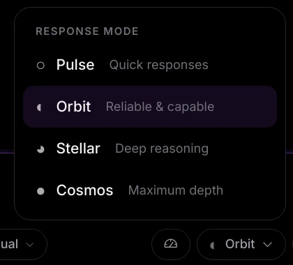 The Response mode menu listing Pulse, Orbit, Stellar and Cosmos with their descriptions