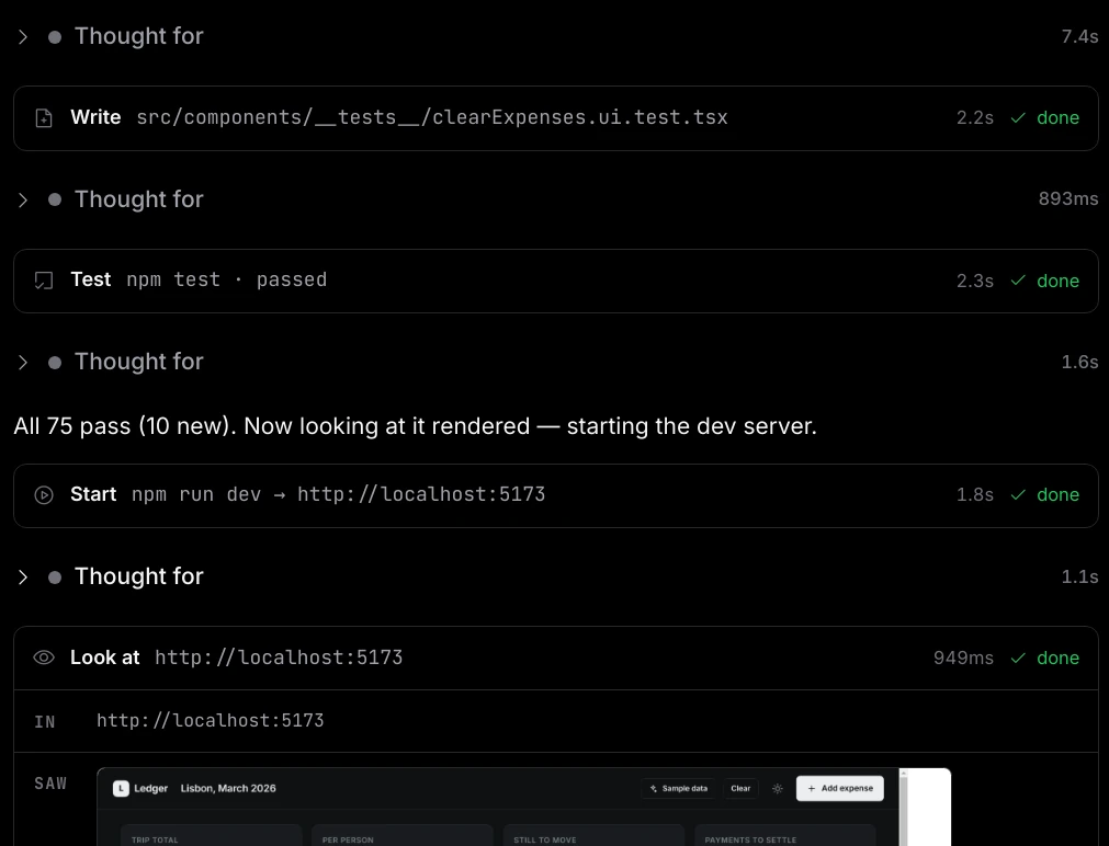 A conversation showing Thought for rows, a Write card, a Test card reading npm test passed, a Start card and a Look at card with a screenshot under SAW