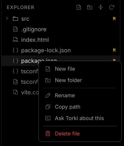 The Explorer right-click menu on a file, listing New file, New folder, Rename, Copy path, Ask Torki about this and Delete file