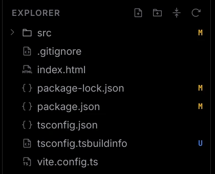 The Explorer pane listing a project, with M and U letters beside changed files and four buttons in its header