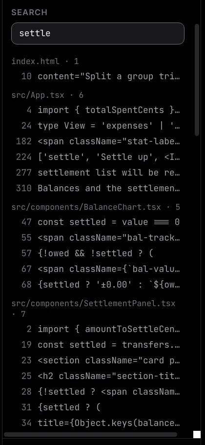 The Search pane with settle typed in the box and results grouped under file names, each hit showing a line number and the start of the line
