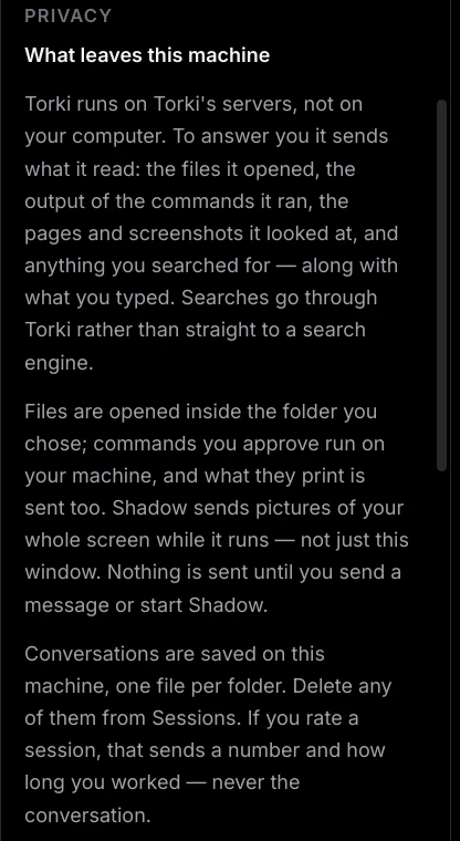 The Privacy section of Torki Code Settings, headed What leaves this machine, with three paragraphs explaining what is sent to Torki's servers and what is saved on the Mac