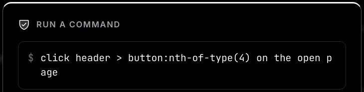 The top of an approval card headed Run a command, with the detail click header > button:nth-of-type(4) on the open page