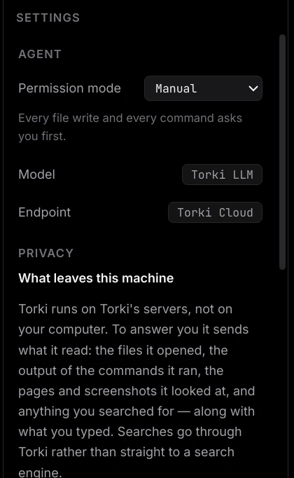 The top of Code's Settings pane: the Agent section with Permission mode set to Manual and its hint, Model Torki LLM, Endpoint Torki Cloud, then the start of the Privacy section