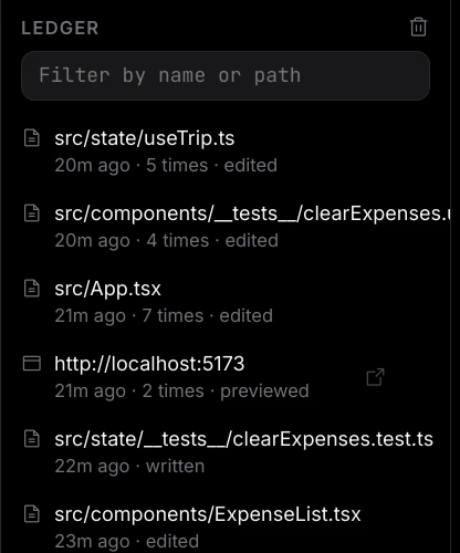 The Ledger pane with a filter box and rows for edited and written files and a previewed localhost page, each with a time and, where it applies, how many times