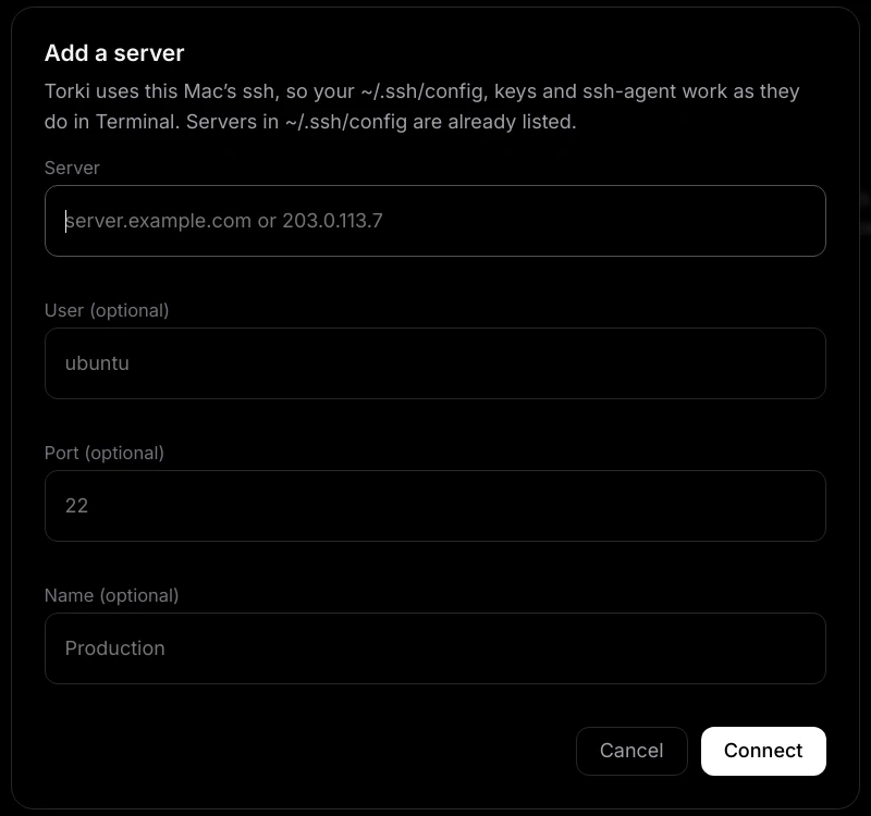 The Add a server dialog with fields for Server, User (optional), Port (optional) and Name (optional), and Cancel and Connect buttons
