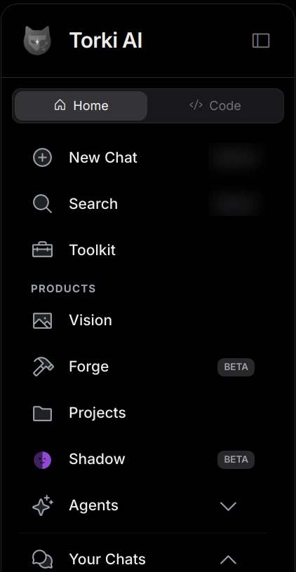 The Torki AI sidebar with the Home and Code switch at the top, then New Chat, Search, Toolkit, and under Products: Vision, Forge, Projects, Shadow, Agents and Your Chats