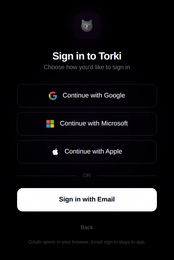 The Sign in to Torki screen with Continue with Google, Continue with Microsoft, Continue with Apple and Sign in with Email