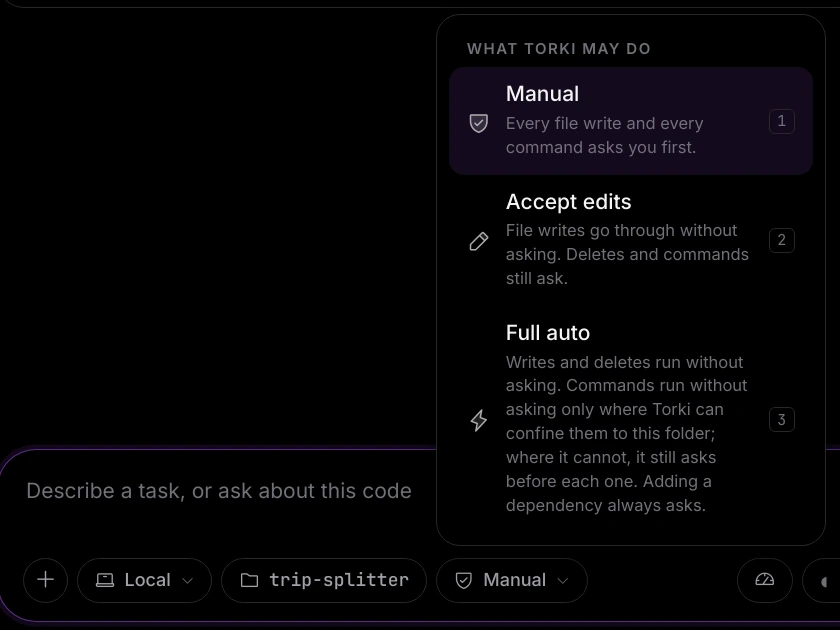 The permission menu open above the composer, headed WHAT TORKI MAY DO, listing Manual, Accept edits and Full auto with the keys 1, 2 and 3