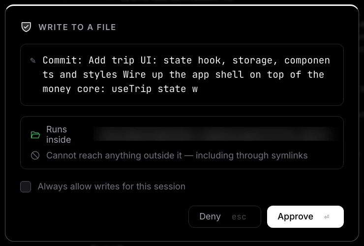 An approval card titled Write to a file with the detail Commit: followed by a commit message, and Deny and Approve buttons