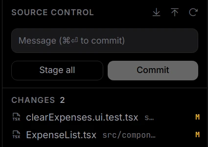 The Source Control pane with Pull, Push and Refresh icons in its header, a message box reading Message (⌘⏎ to commit), Stage all and Commit buttons, and a Changes list of 2 files marked M