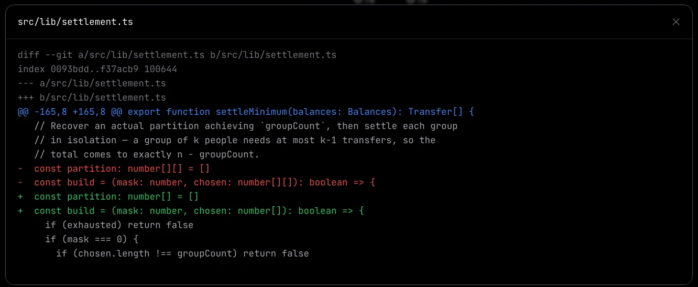 A diff overlay for one file showing added and removed lines
