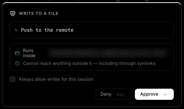An approval card headed Write to a file with the detail Push to the remote, a Runs inside row, the line Cannot reach anything outside it, including through symlinks, a tick box Always allow writes for this session, and Deny and Approve buttons