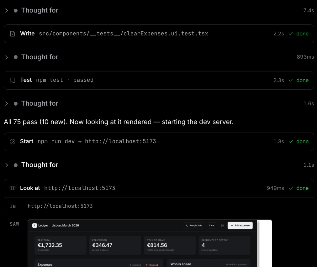 The conversation during a task: Write, Test npm test passed, Start npm run dev and Look at cards, each marked done, with a screenshot of the page under SAW