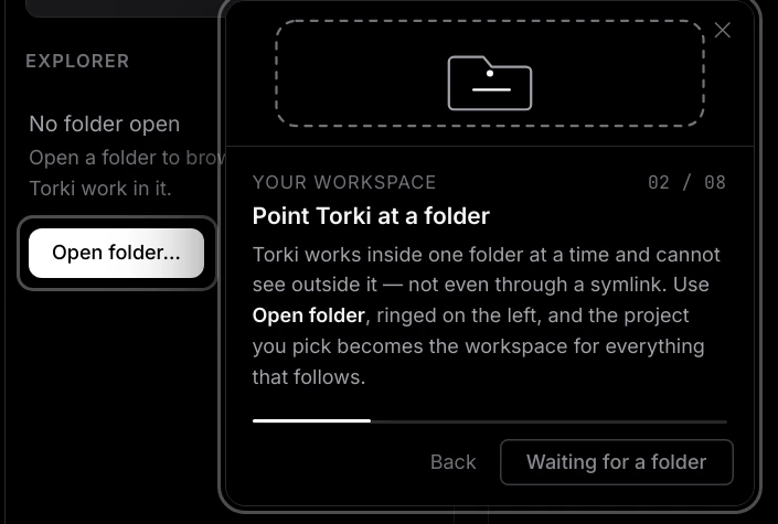 Tour card 2 of 8, Point Torki at a folder, beside the ringed Open folder button in the Explorer
