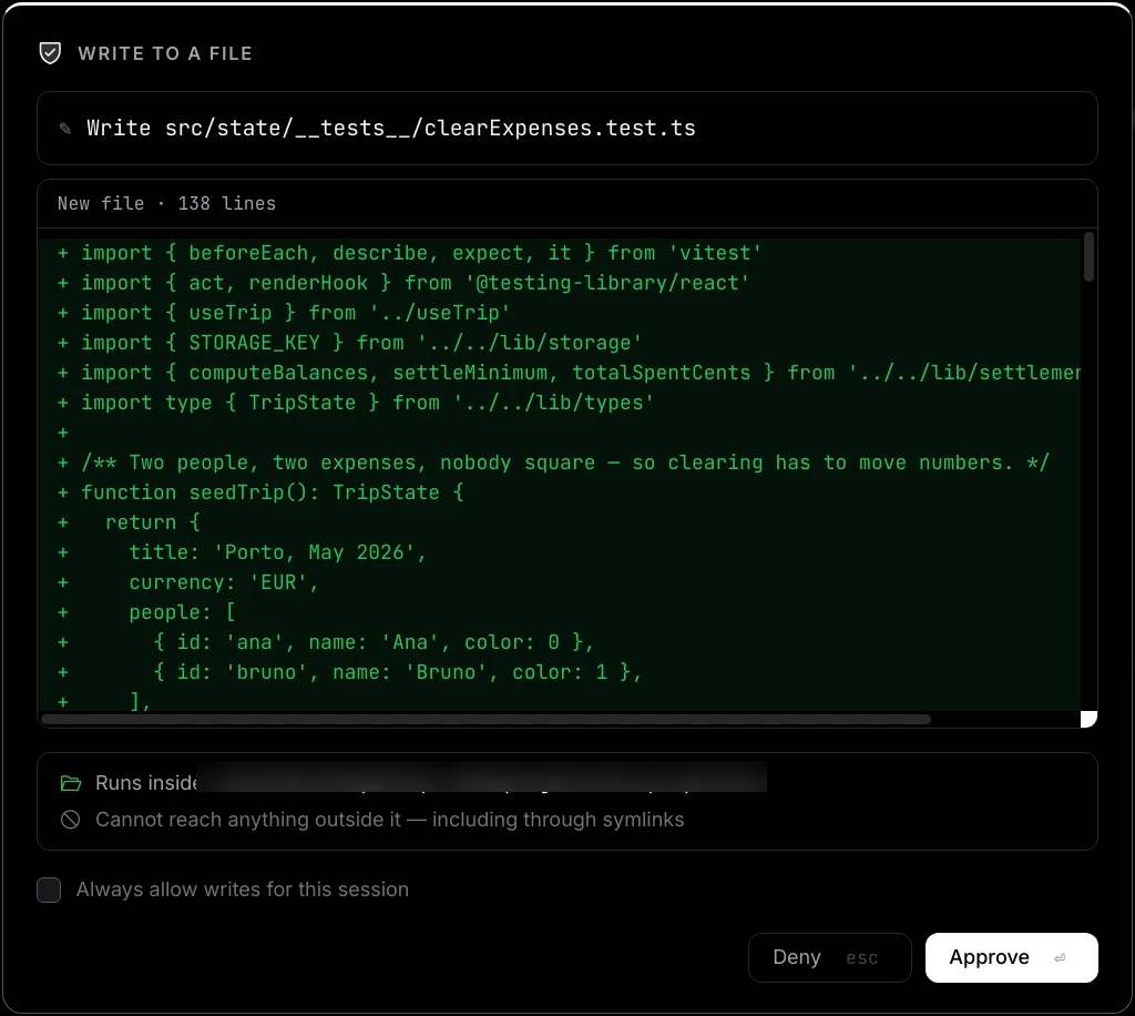 A Write to a file approval card for a new 138-line test file, with Runs inside the project folder, Cannot reach anything outside it, the Always allow writes for this session tick box, and Deny and Approve buttons